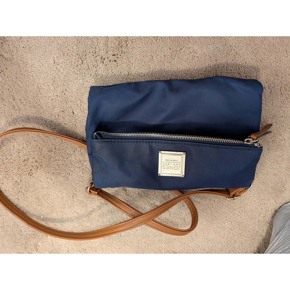 Jones New York Signature Navy Blue Nylon Crossbody Bag Brown Trim Silver Logo